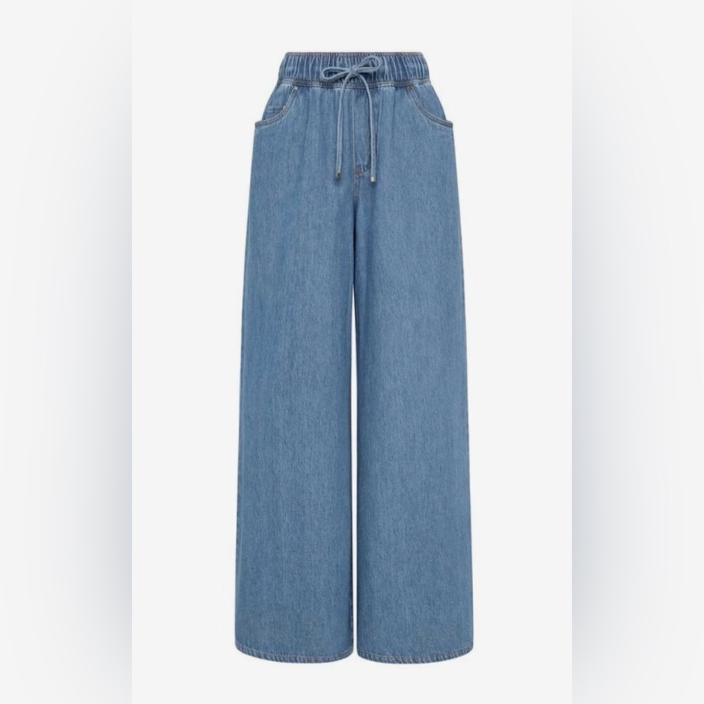 Zara Light Blue Wide-Leg Denim Jeans with Drawstring Waist